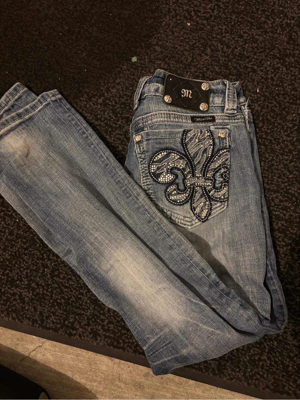 Miss Me Light Blue Skinny Jeans with Rhinestone Fleur-de-Lis